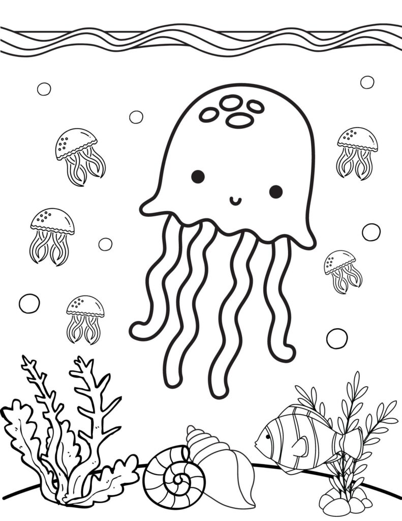Underwater coloring page with a smiling jellyfish, smaller jellyfish, bubbles, seaweed, a fish, and a spiral shell.