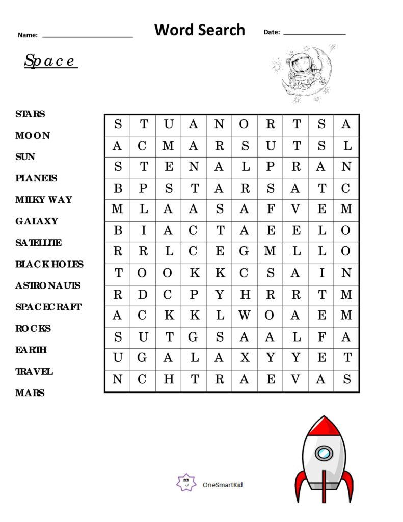 A space-themed word-search worksheet with a letter grid, a list of words including stars, moon, planets, and spacecraft, and small astronaut and rocket illustrations.