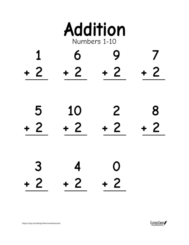 A worksheet titled “Addition Numbers 1–10” with eleven vertical addition problems, each adding 2 to a number from 0 to 10.