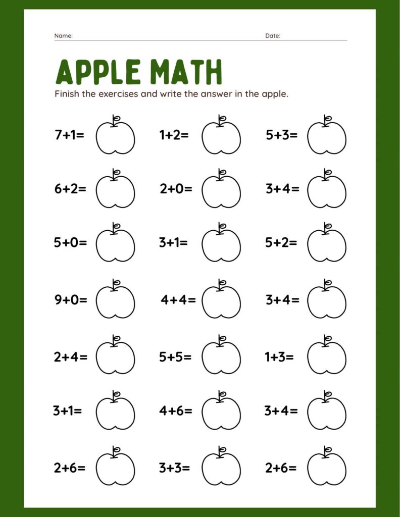 An apple math worksheet with rows of addition problems and blank apple outlines for writing the answers.