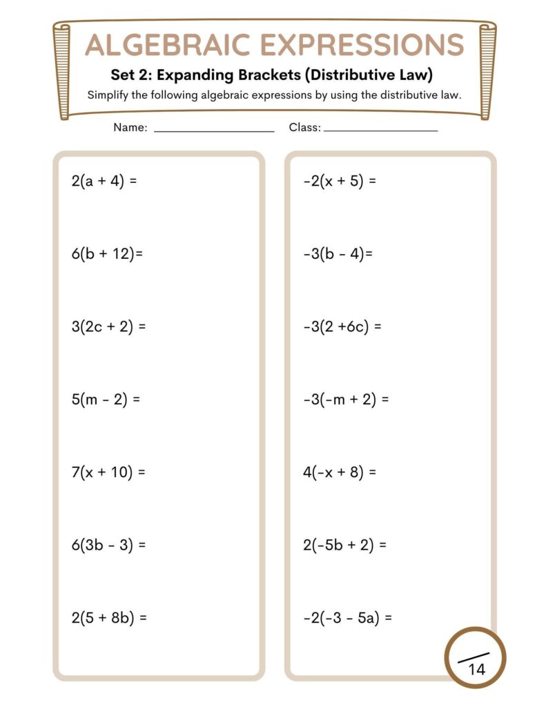 An algebra worksheet titled “Algebraic Expressions,” with two columns of unsolved distributive-law problems and spaces for working.
