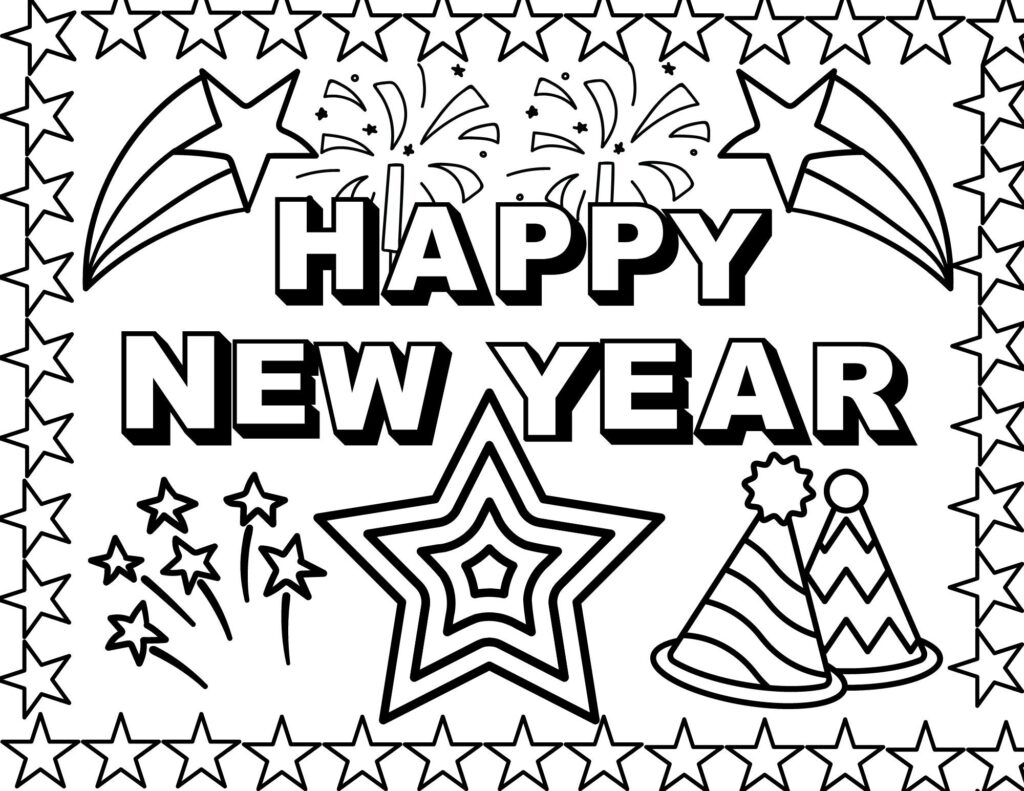 New Year coloring page with bold “Happy New Year” lettering, fireworks, party hats, and star decorations inside a star border.