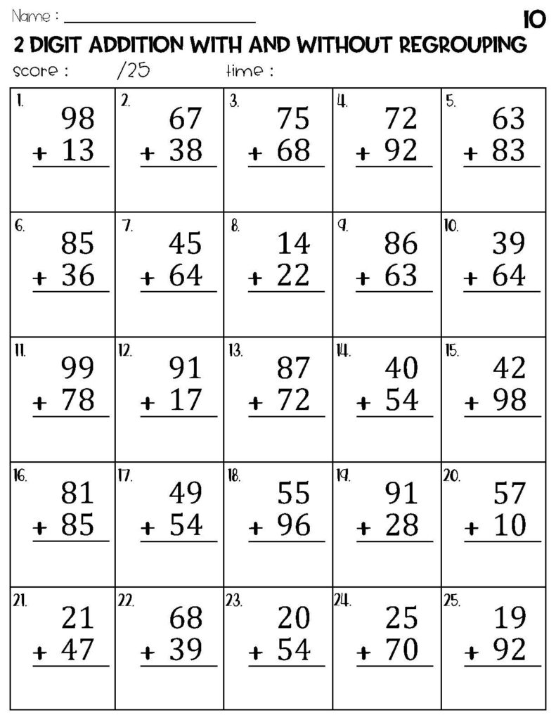 A two-digit addition worksheet with 25 vertical problems, titled “2 Digit Addition With and Without Regrouping,” and spaces for a name, score, and time.