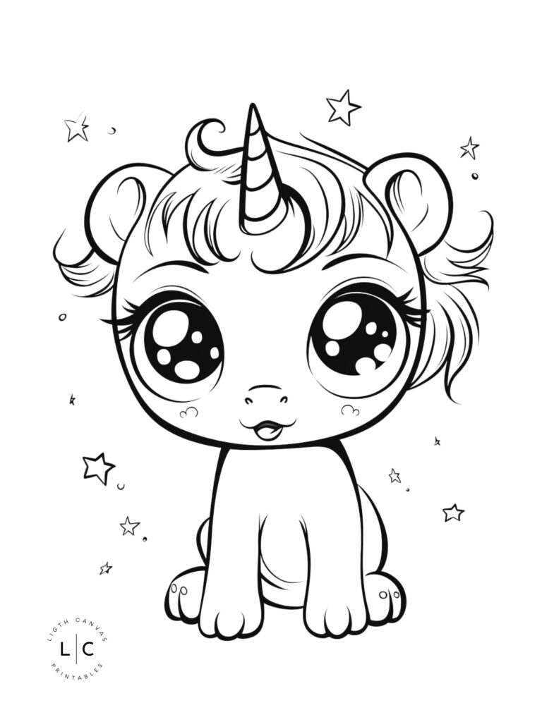 Black-and-white coloring-page illustration of a seated baby unicorn with a striped horn, large eyes, and stars around it.