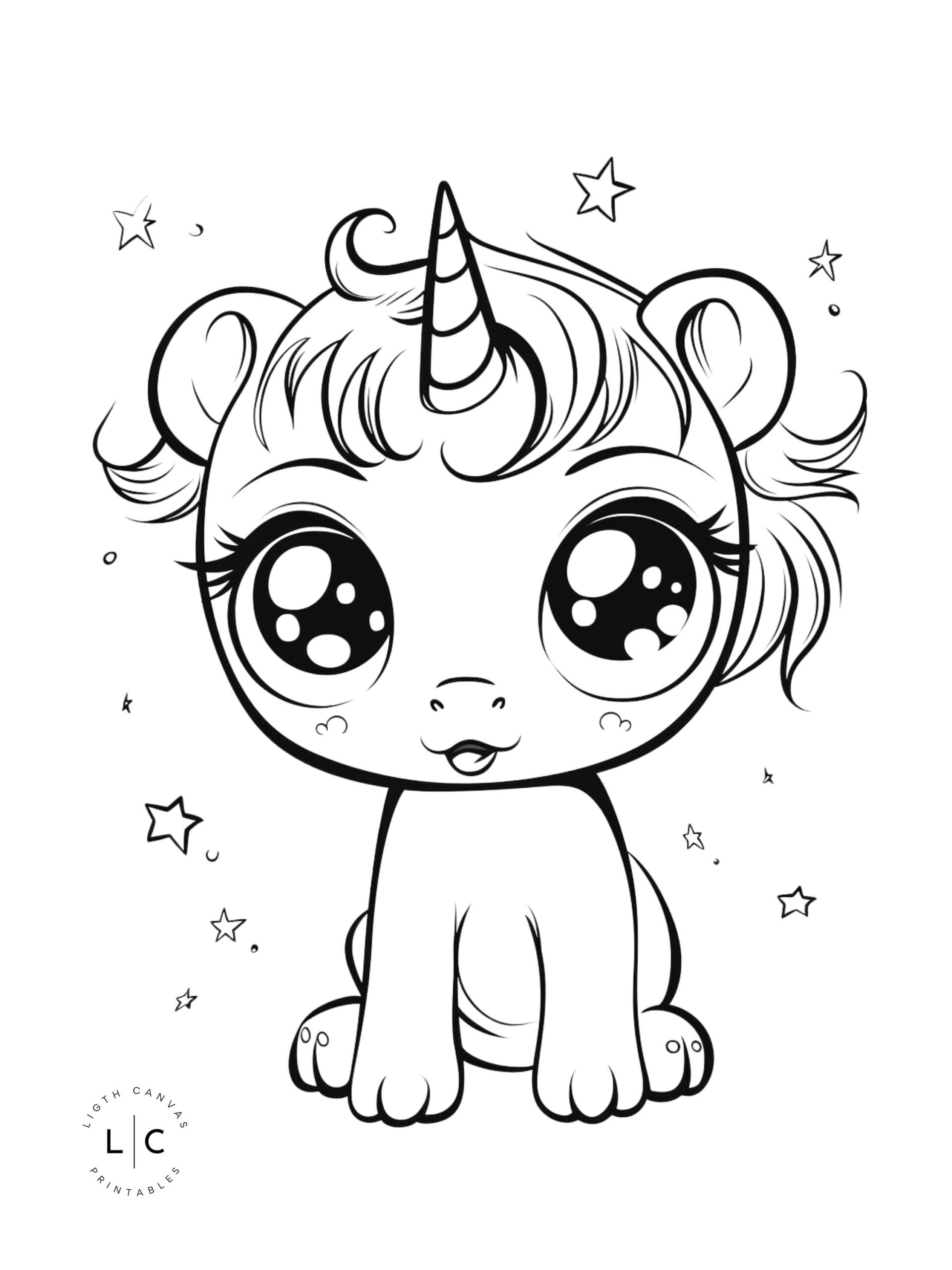 Black-and-white coloring-page illustration of a seated baby unicorn with a striped horn, large eyes, and stars around it.