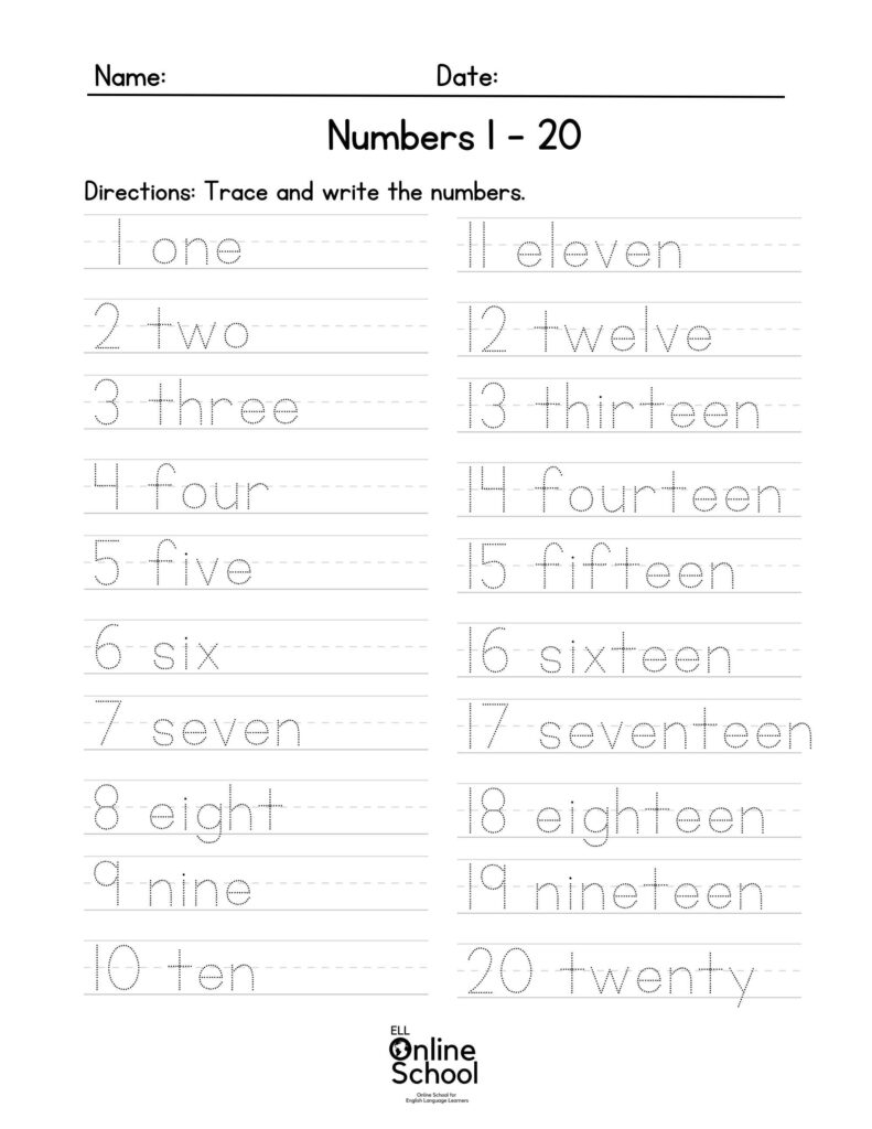A worksheet titled “Numbers 1–20” with directions to trace and write the numbers. Two columns show dotted numerals and number words from one through twenty.