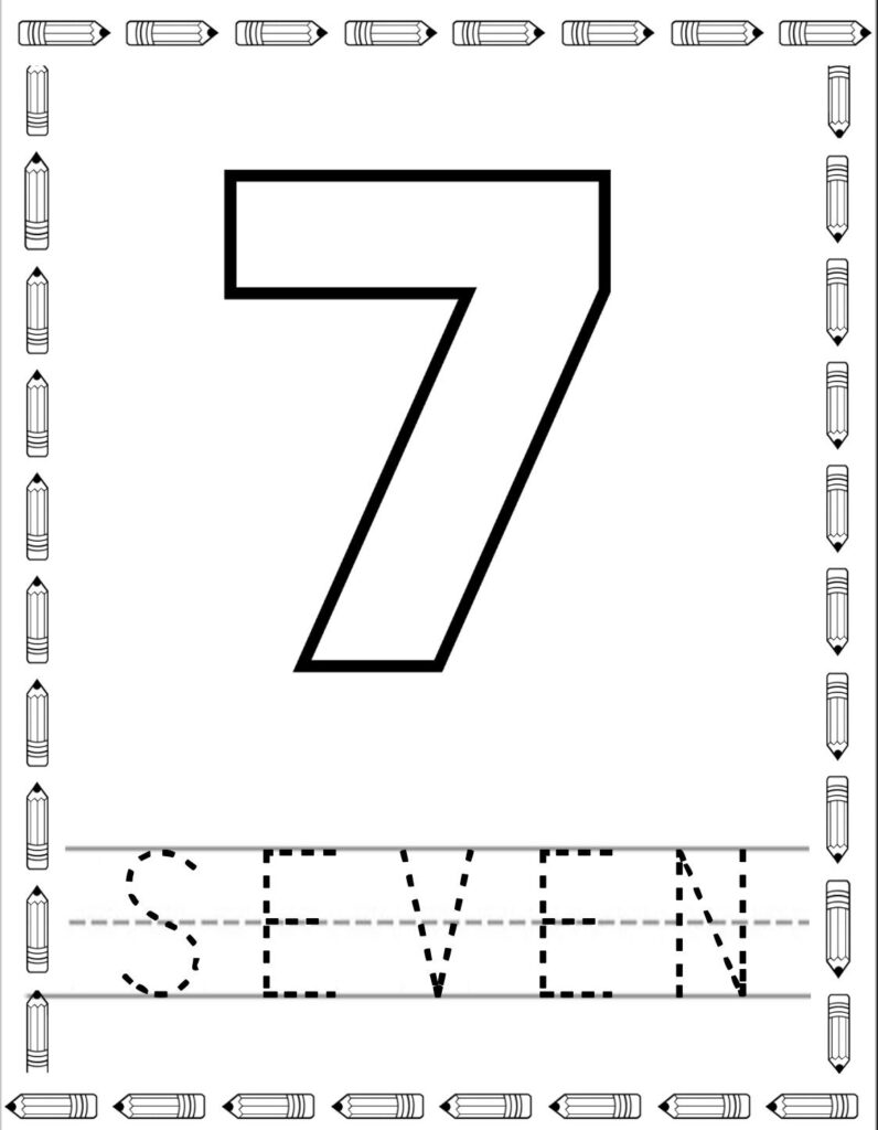 A number 7 worksheet with a large outlined numeral, dotted tracing practice for 7 and “SEVEN,” and pencil illustrations around the border.