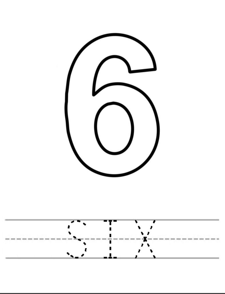 Preschool number worksheet with a large outlined 6 and a row of dashed 6s for tracing on handwriting guide lines.