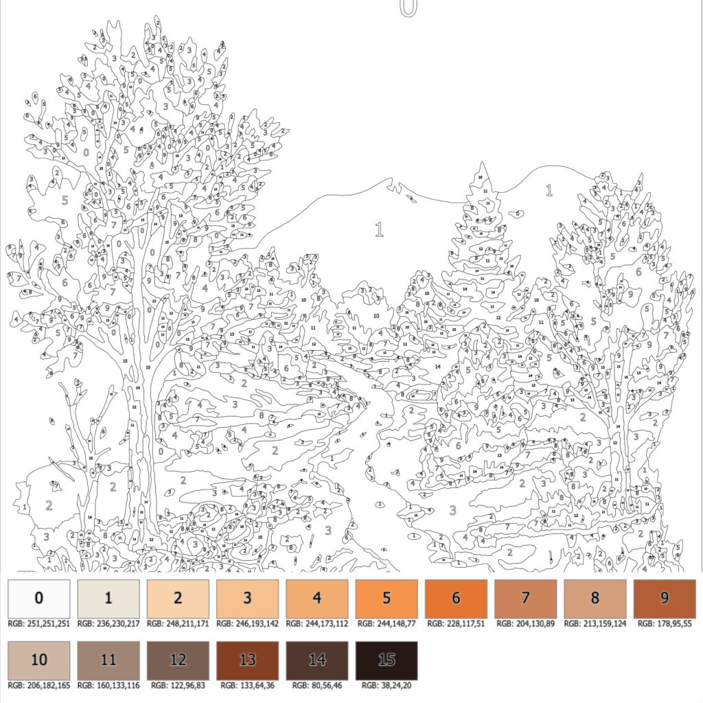 Color-by-number page showing a dense landscape of trees and foliage, with numbered regions and a palette of 16 autumn-toned colors along the bottom.