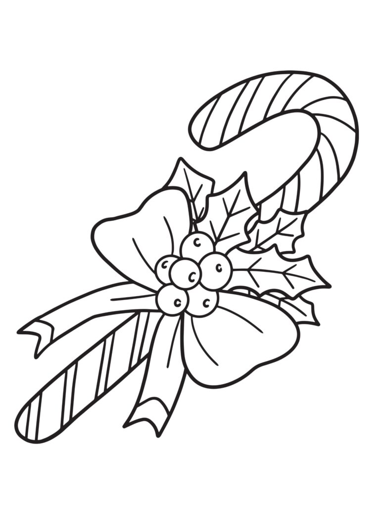 Black-and-white coloring page showing two striped candy canes crossed behind holly leaves and berries.