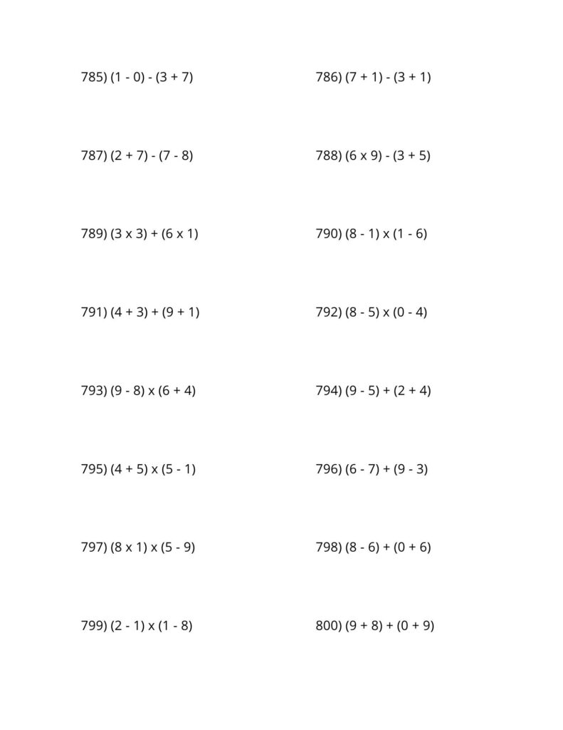 A worksheet page with two columns of numbered arithmetic expressions using addition, subtraction, and multiplication, numbered 785 through 800.