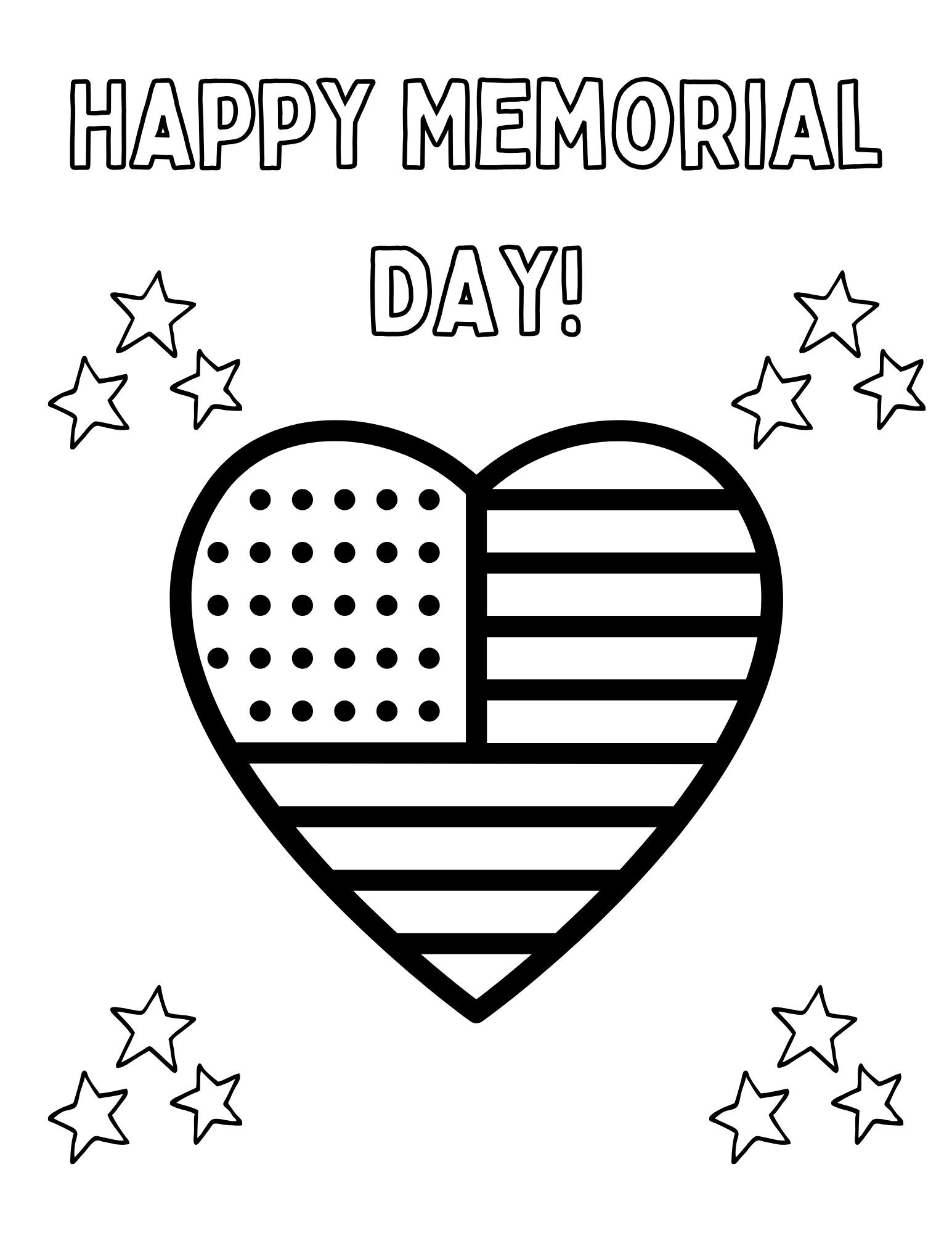 Memorial Day coloring page with outlined lettering, a heart-shaped American flag, and groups of stars.