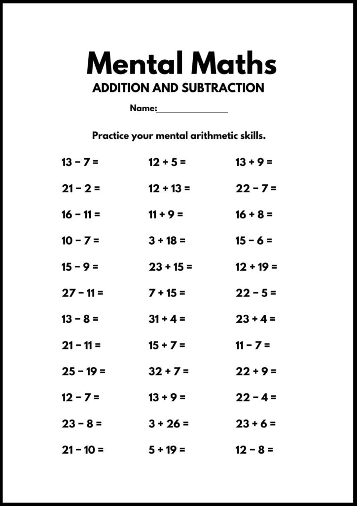 A mental maths worksheet titled “Addition and Subtraction,” with a name line and three columns of arithmetic problems.