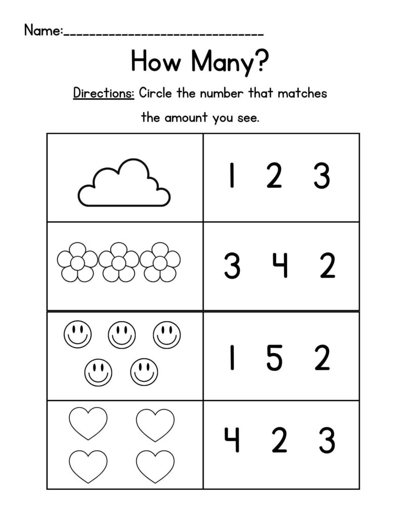 A preschool counting worksheet titled “How Many?” shows a cloud, flowers, smiley faces, and hearts beside number choices to circle.
