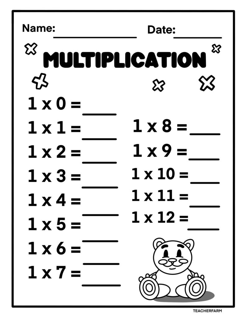 A multiplication worksheet with blank answers for the 1 times table from 0 through 12, decorated with multiplication symbols and a cartoon bear.