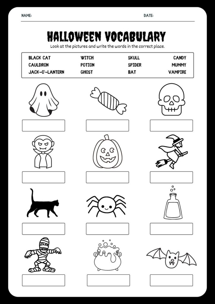 Halloween vocabulary worksheet with a word bank and illustrations of a ghost, candy, skull, vampire, jack-o’-lantern, witch, black cat, spider, potion, mummy, cauldron and bat, each above a blank answer box.