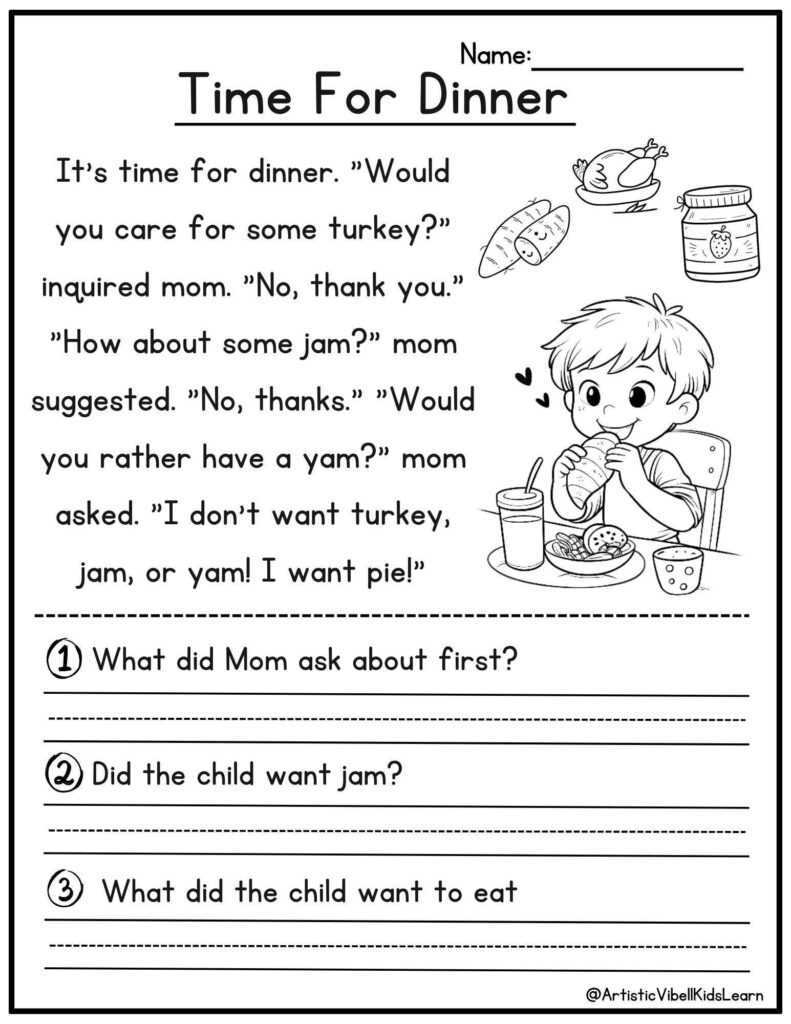 A black-and-white worksheet titled “Time For Dinner,” with a short story about a child who wants pie, a drawing of the child eating, and three reading-comprehension questions with answer lines.