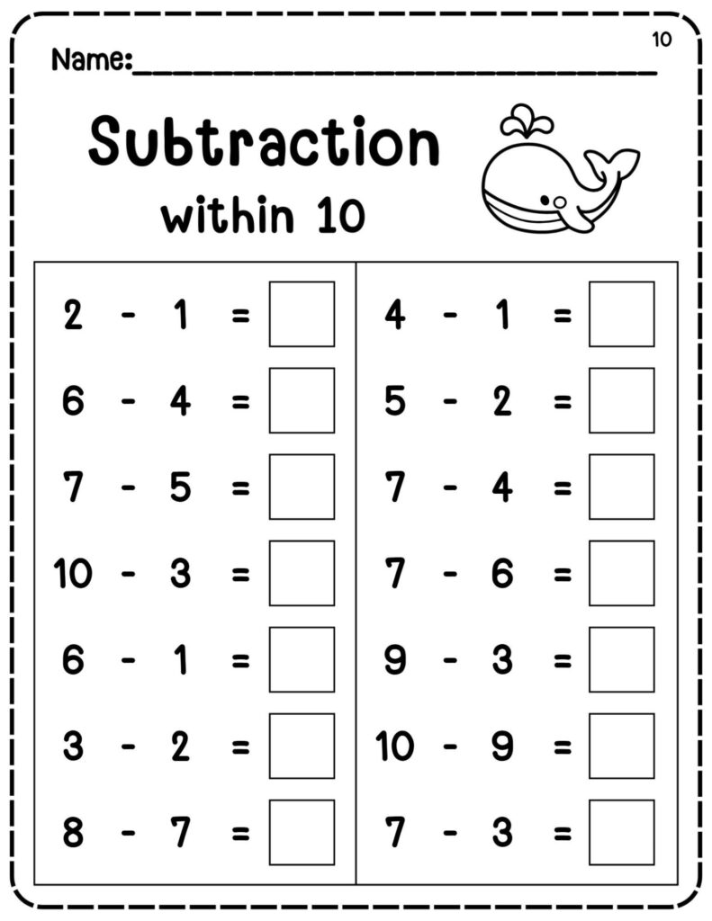 A black-and-white worksheet titled “Subtraction within 10,” with two columns of subtraction problems and blank answer boxes, decorated with a small whale.