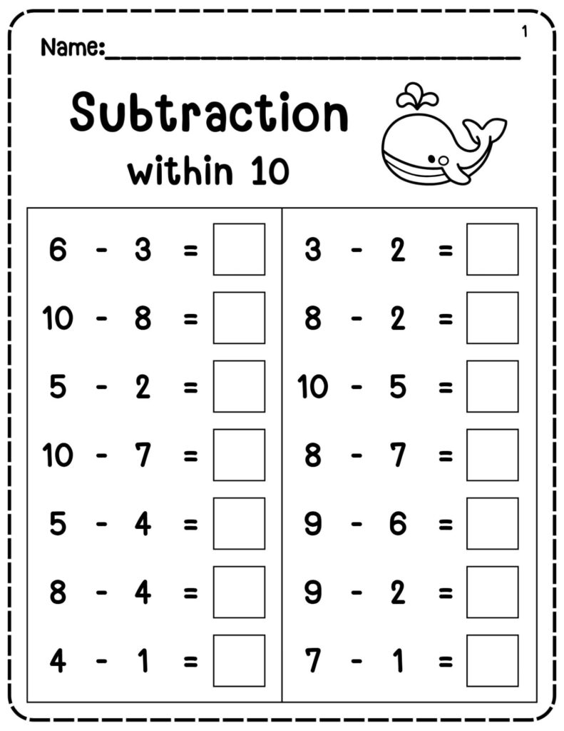 A subtraction worksheet titled “Subtraction within 10,” with two columns of single-digit subtraction problems, blank answer boxes, and a small whale illustration.