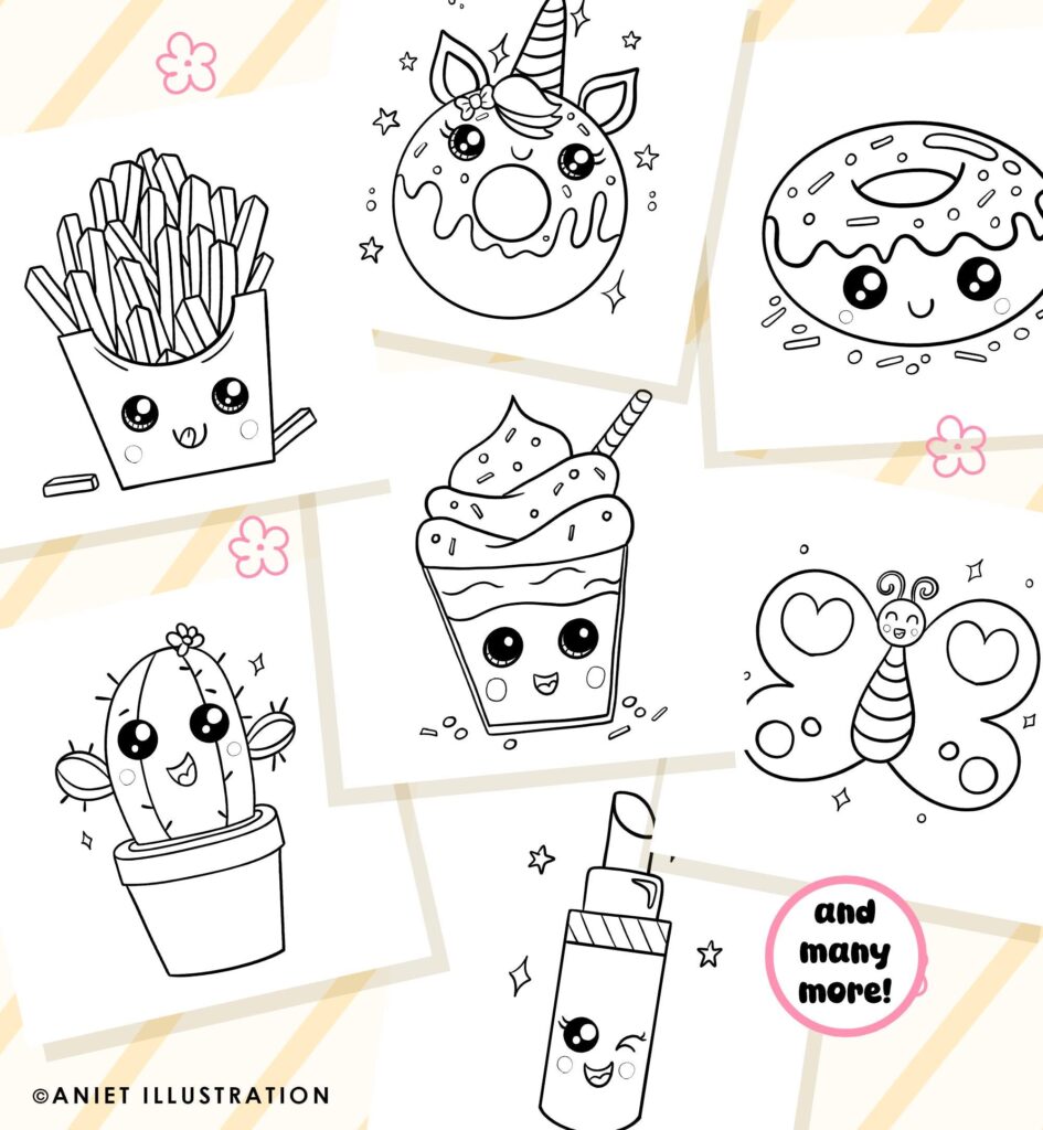A collage of cute black-and-white outline drawings for coloring, including a unicorn donut, fries, cupcake, potted cactus, butterfly, and lipstick.