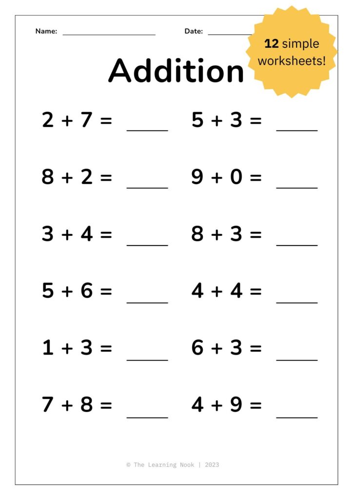 An addition worksheet with twelve single-digit problems, name and date lines, and blank spaces for answers.