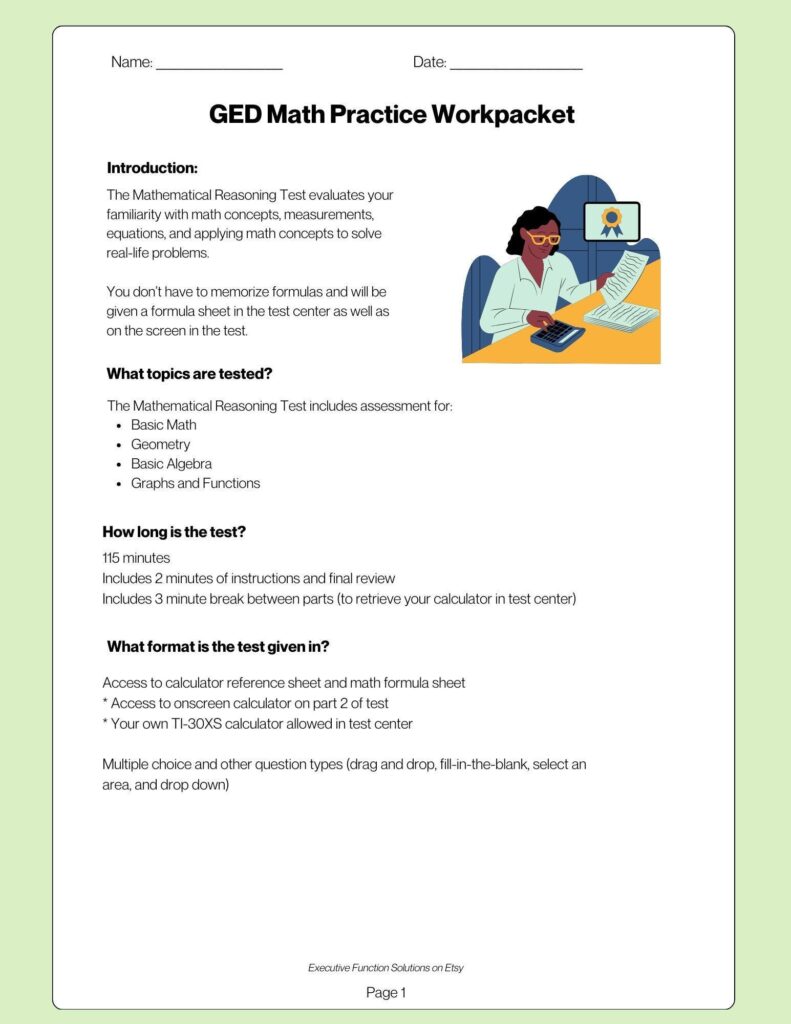 Page 1 of a GED math practice worksheet explains test topics, including basic math, geometry, algebra, and graphs, plus test duration and format.
