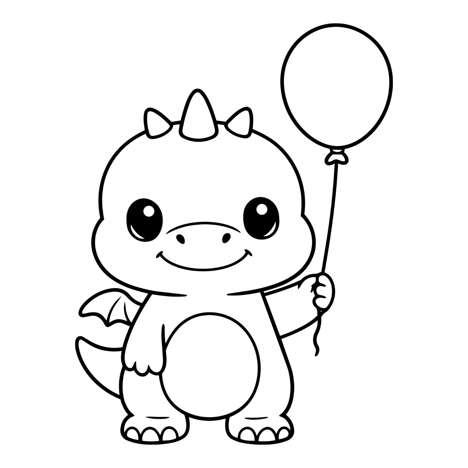 Cute smiling dragon with small wings and a rounded belly holding a balloon, drawn in bold black outlines.