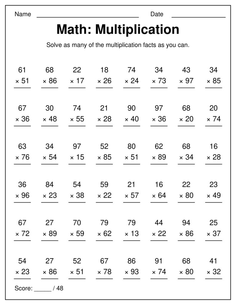 A multiplication worksheet titled “Math: Multiplication,” with 48 two-digit multiplication problems, name and date lines, and a score line.