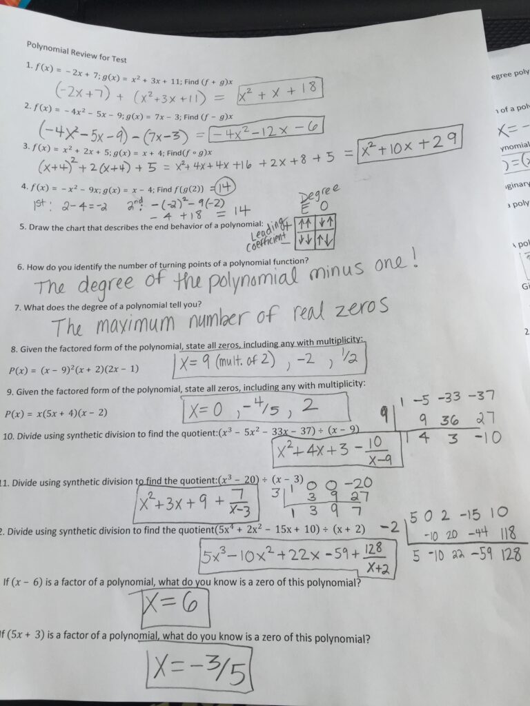 A completed polynomial review worksheet with handwritten answers covering polynomial operations, degree and end behavior, zeros, and synthetic division.