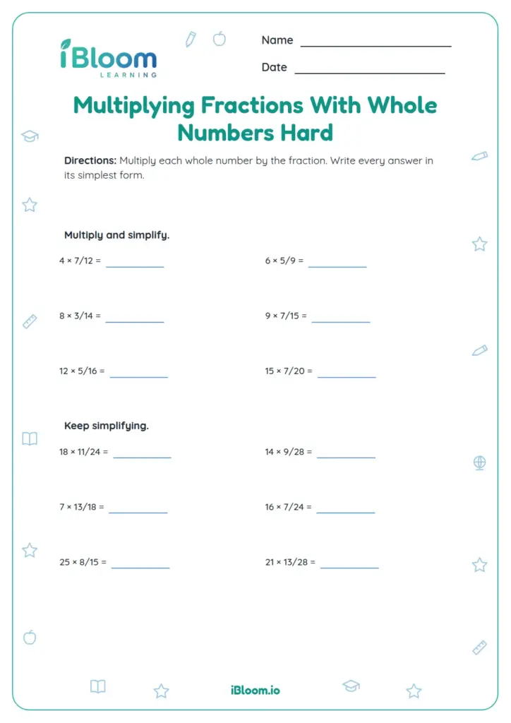 A worksheet titled “Multiplying Fractions With Whole Numbers Hard,” with two sections of multiplication problems and blank answer lines for simplifying fractions.
