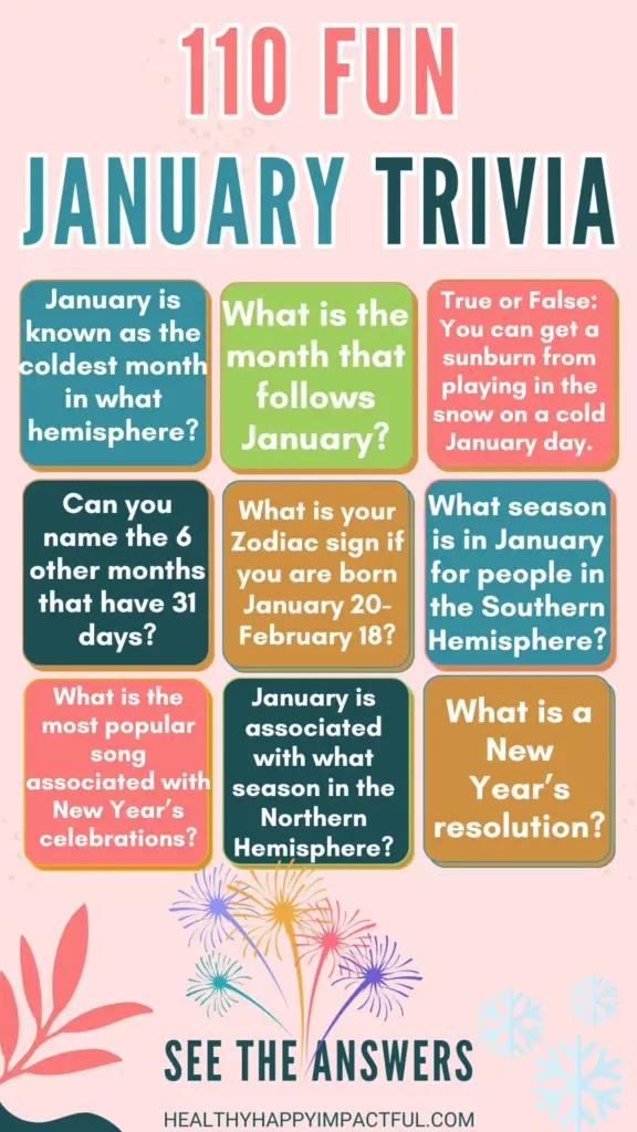 A colorful January trivia poster with nine question panels about the month, seasons, zodiac signs, New Year’s resolutions, and related topics.