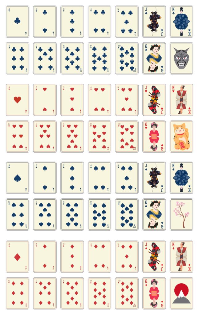 A sheet of illustrated playing cards arranged in four suits, with numbered cards and illustrated jacks, queens, and kings.