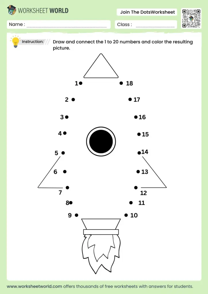 A dot-to-dot worksheet with numbered points from 1 to 20 forming a rocket, with space to write a name and class.
