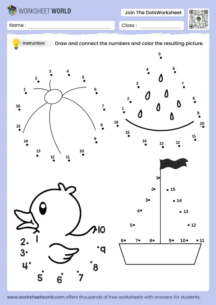 A worksheet with four numbered dot-to-dot activities: a flower, watermelon, duck, and sailboat, plus instructions to connect the numbers and color the pictures.