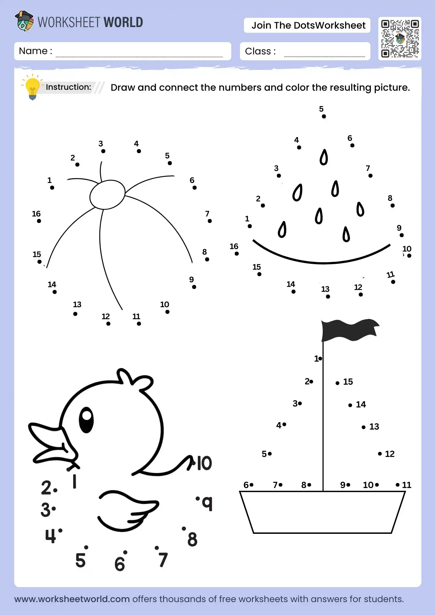 A worksheet with four numbered dot-to-dot activities: a flower, watermelon, duck, and sailboat, plus instructions to connect the numbers and color the pictures.