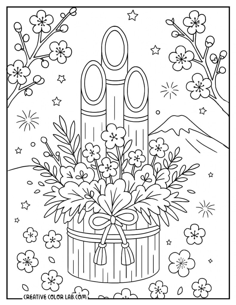 A line-art coloring page showing a bouquet tied with a bow, surrounded by flowers, stars, fireworks, and a three-tube firework display.