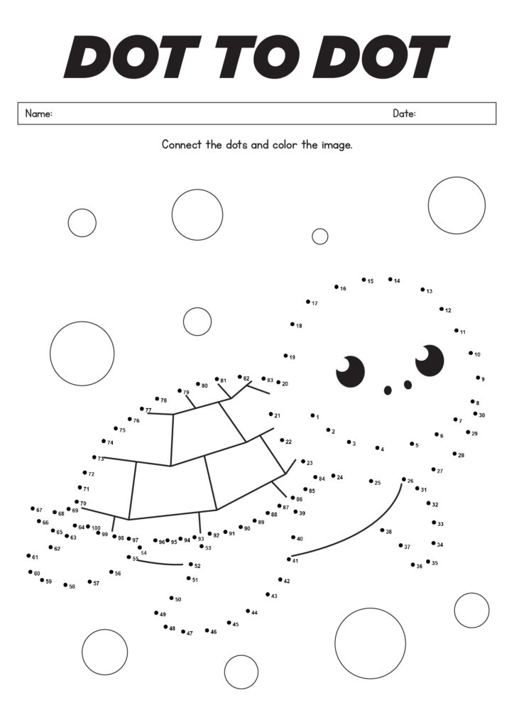A dot-to-dot worksheet with numbered points forming a cartoon turtle, plus blank name and date fields and circles to color.