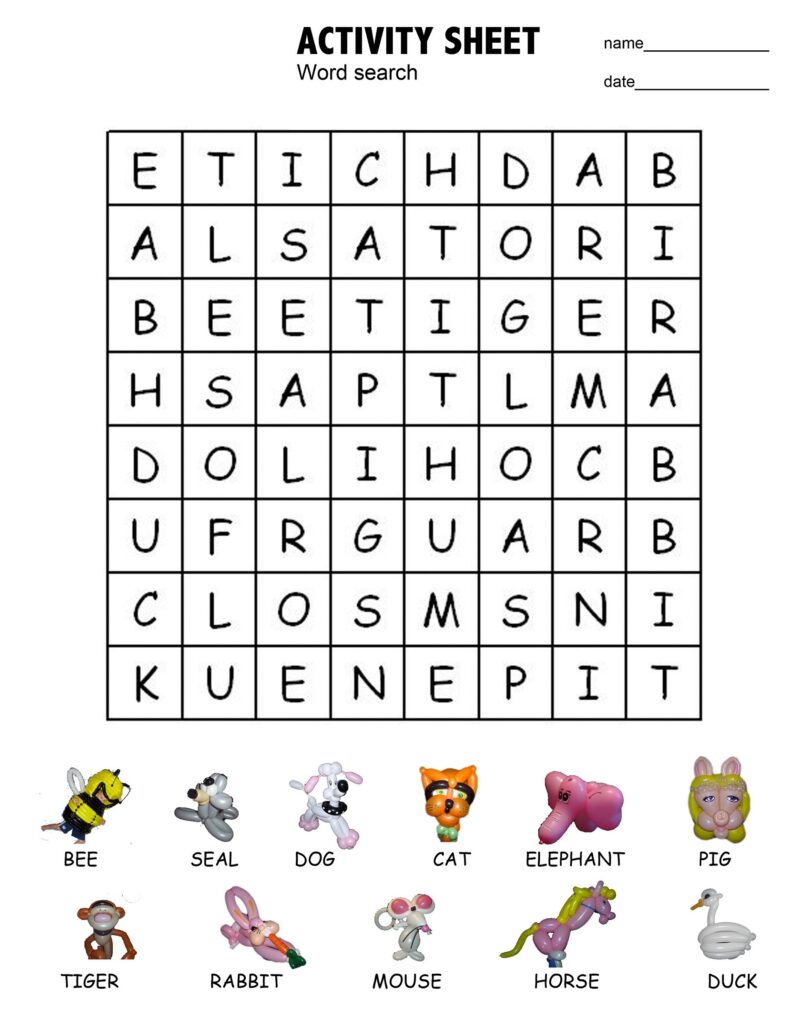 Animal word-search activity sheet with an 8-by-8 letter grid and labeled pictures of a bee, seal, dog, cat, elephant, pig, tiger, rabbit, mouse, horse, and duck.