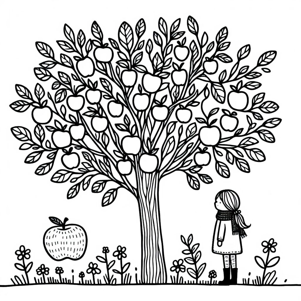 Black-and-white coloring page showing a large apple tree with apples, a girl standing beside it, and flowers and grass along the ground.