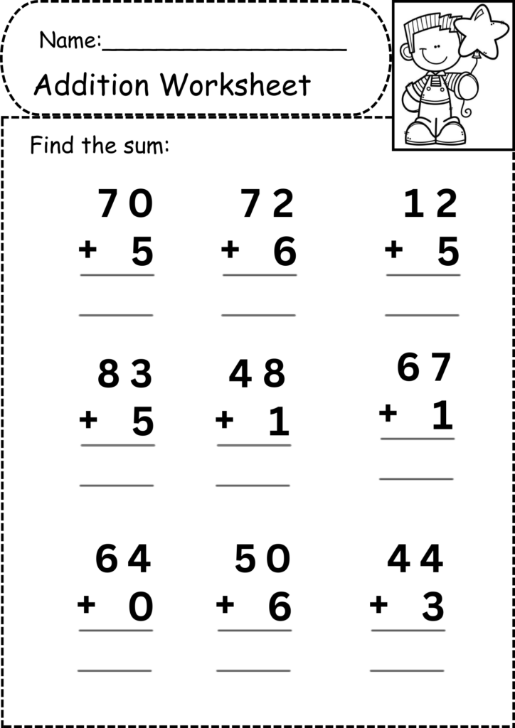 A black-and-white addition worksheet with nine vertical addition problems, blank answer lines, a name field, and a small child-and-star illustration.