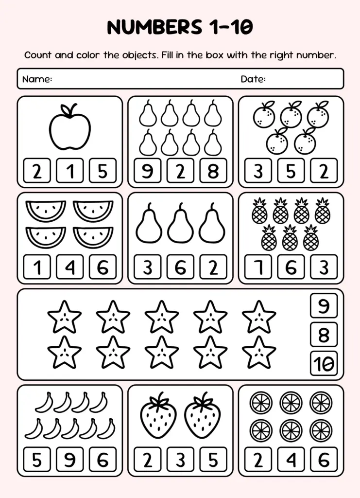 Preschool counting worksheet titled “Numbers 1–10,” with outlined fruit and star groups to count and color, name and date fields, and number choices.