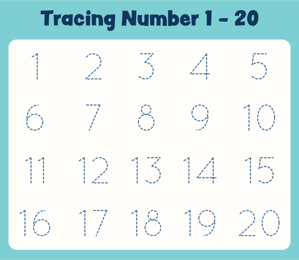 A number-tracing worksheet titled “Tracing Number 1–20,” with dotted numerals 1 through 20 arranged in four rows.
