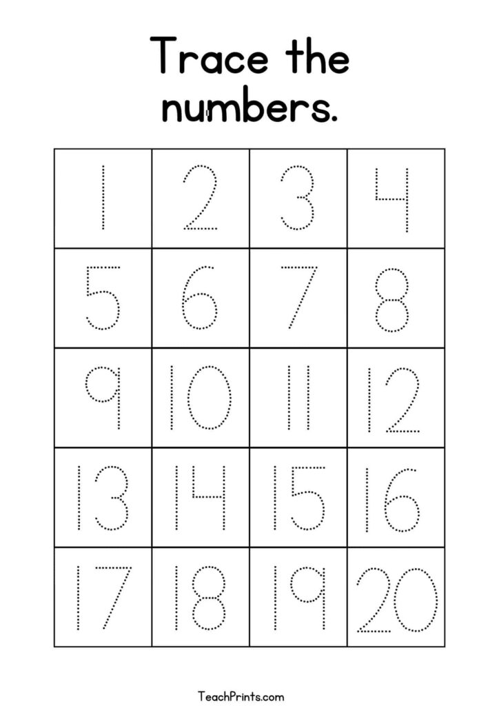 A number-tracing worksheet titled “Trace the numbers,” with dotted numerals 1 through 20 arranged in a five-row grid.