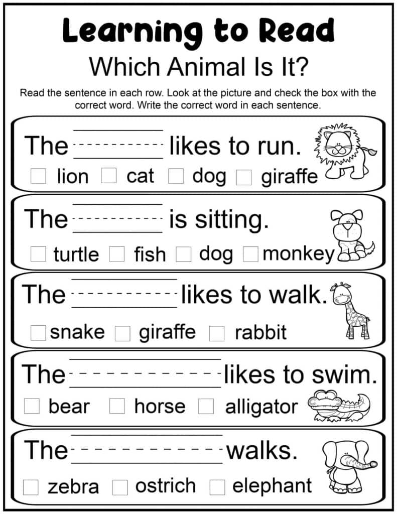 An animal-identification reading worksheet with five illustrated sentence prompts, blank lines, and multiple-choice animal names.