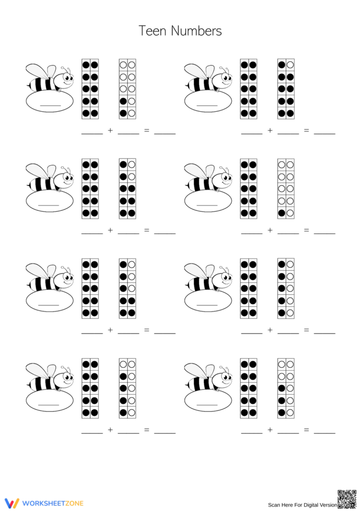 A teen numbers worksheet with cartoon bees, ten-frames of filled and unfilled dots, and blank addition equations.