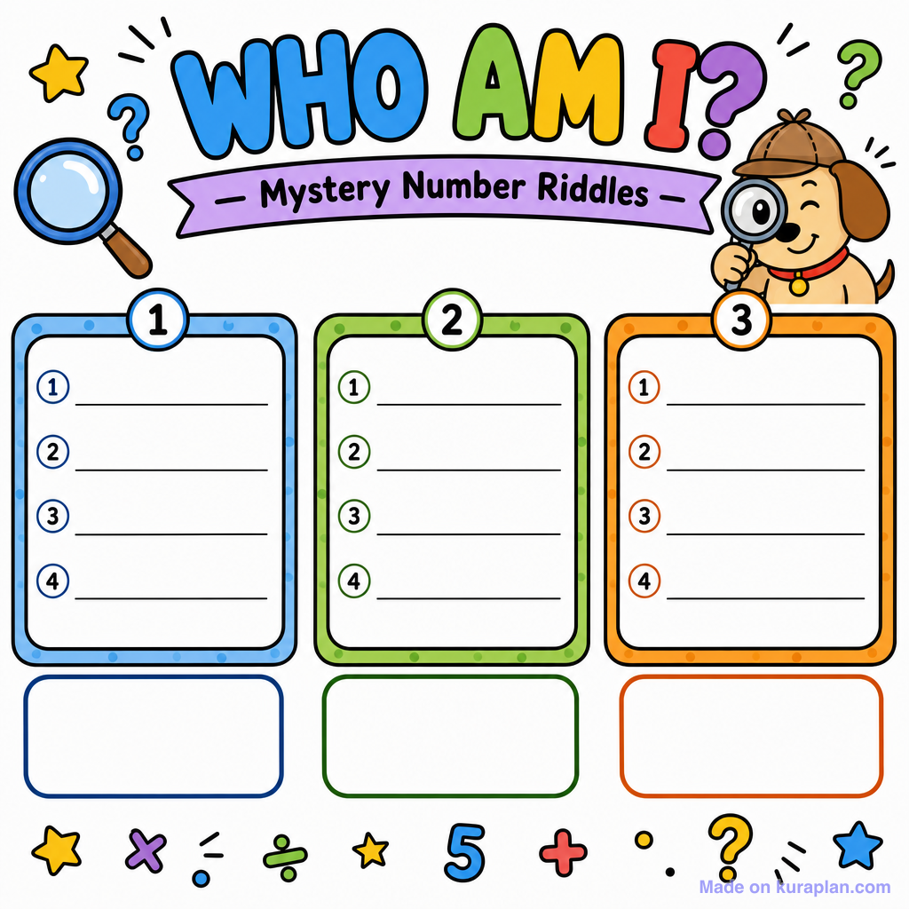 A colorful “Who Am I? Mystery Number Riddles” worksheet with three numbered sections, blank lines for clues, answer boxes, and arithmetic symbols.