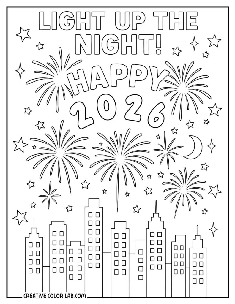 Black-and-white New Year coloring page with outlined “Happy 2026” lettering, fireworks, stars, a crescent moon, and a city skyline.