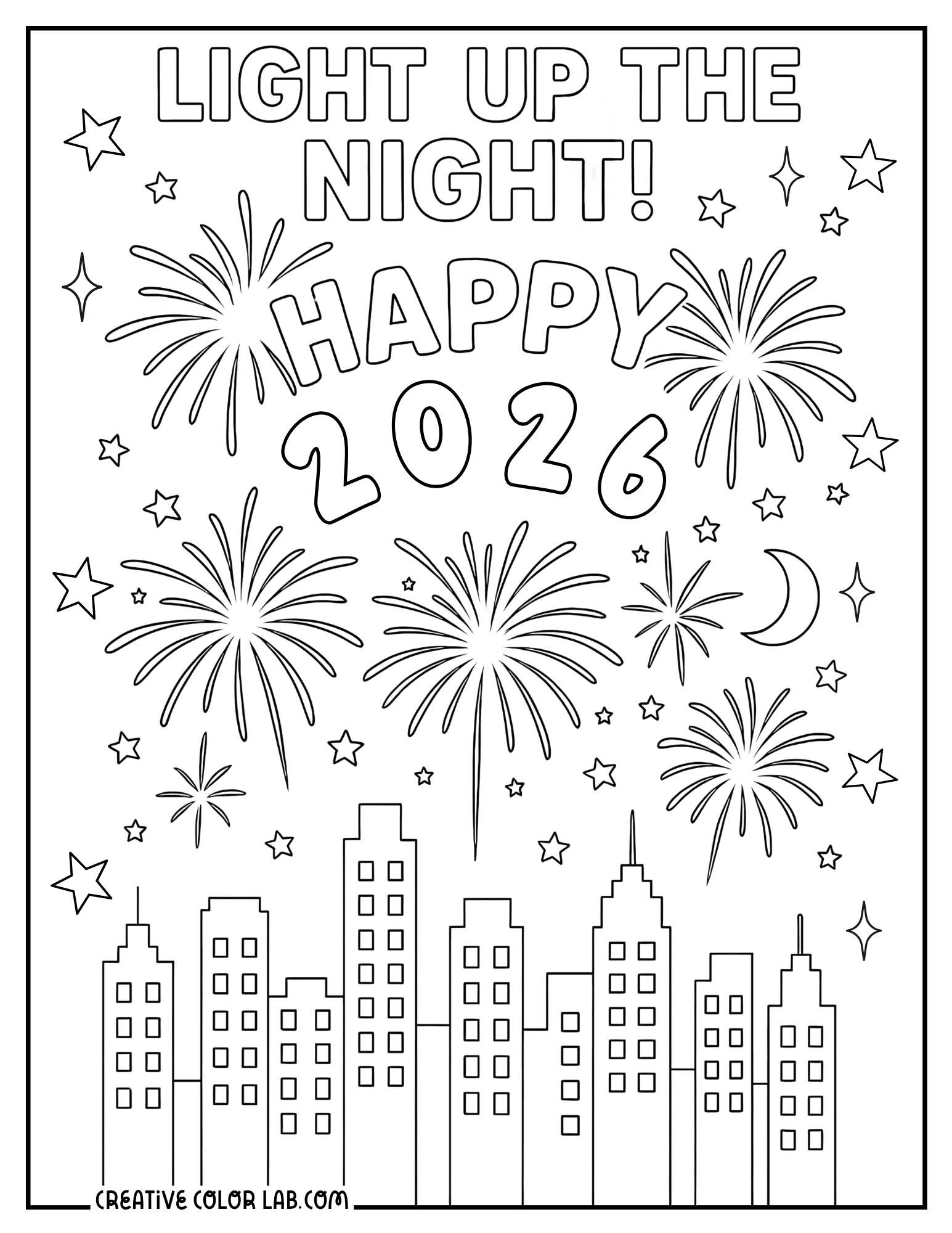 Black-and-white New Year coloring page with outlined “Happy 2026” lettering, fireworks, stars, a crescent moon, and a city skyline.