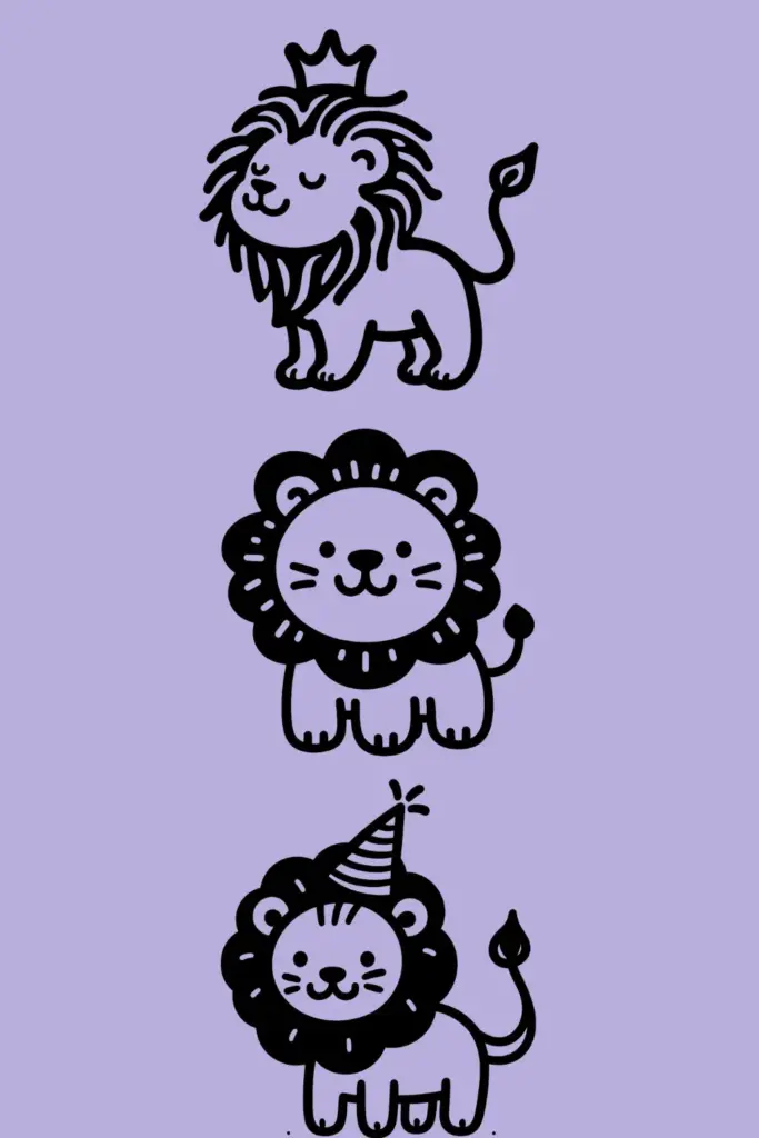 Three black line drawings of lions on a lavender background: a crowned lion, a round-maned lion, and a lion wearing a party hat.
