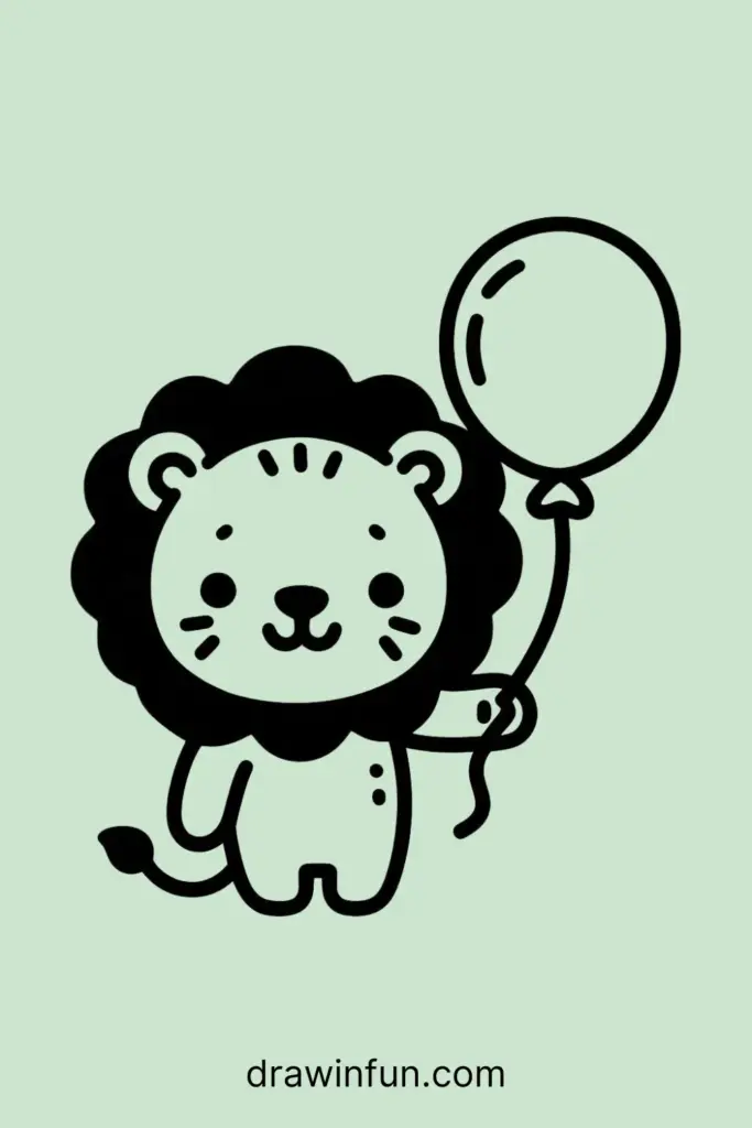 Black-outline cartoon lion with a fluffy mane holds a balloon against a pale green background.